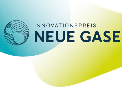 Türkis-grüngelbes Logo mit stilisiertem H2-Atom und der Aufschrift "Innovationspreis Neue Gase"