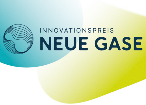 Türkis-grüngelbes Logo mit stilisiertem H2-Atom und der Aufschrift "Innovationspreis Neue Gase"