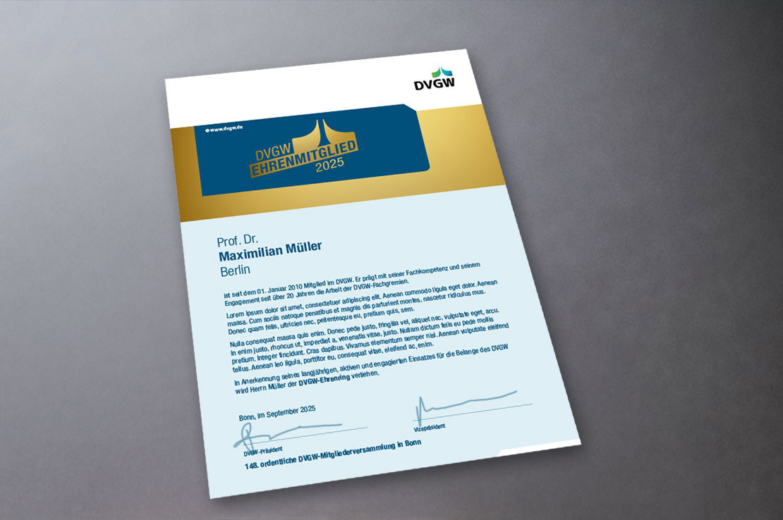 Eine hellblaue, DIN A 4-große Urkunde mit dunkelblauem Kopf, dem Namen der geehrten Person und einer Erklärung für die Ehrung liegt auf dunklem Samt Eine hellblaue, DIN A 4-große Urkunde mit dunkelblauem Kopf, dem Namen der geehrten Person und einer Erklärung für die Ehrung liegt auf dunklem Samt