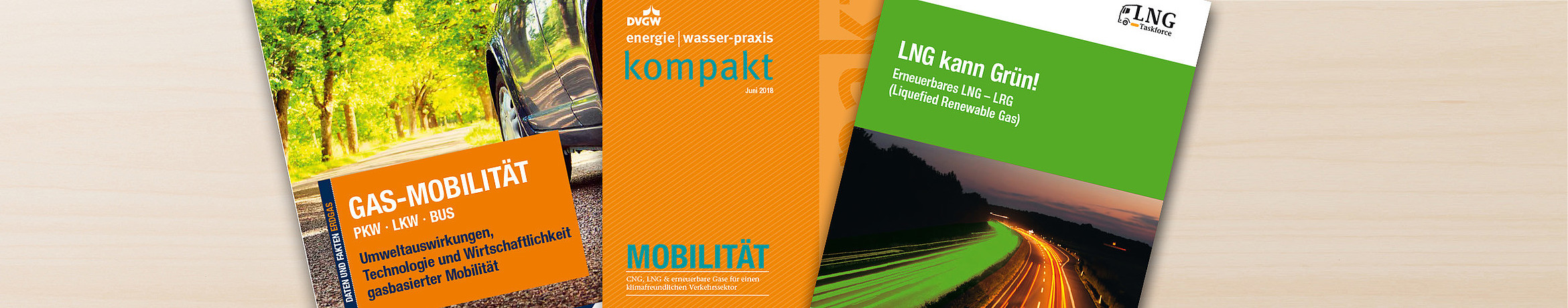 Cover von DVGW-Publikationen zum Thema Mobilität mit Gas