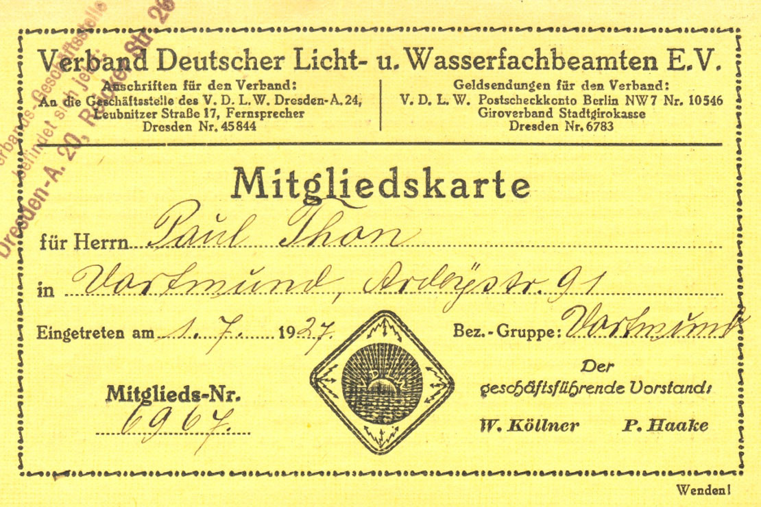 Mitgliedskarte des "Verbandes deutscher Licht- und Wasserfachbeamten e.V."