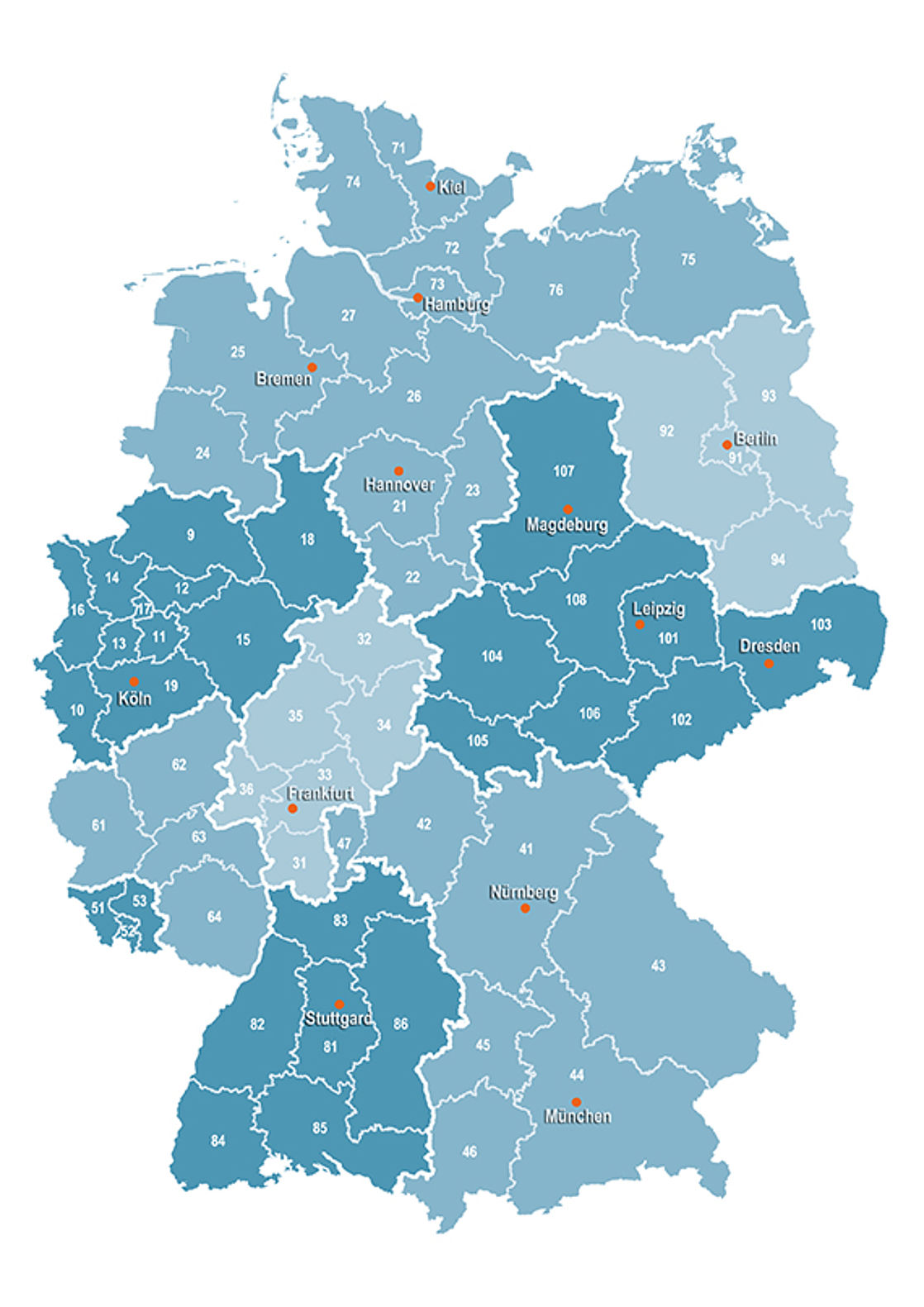 Karte der neun DVGW-Landesgruppen und der 62 DVGW-Bezirksgruppen.