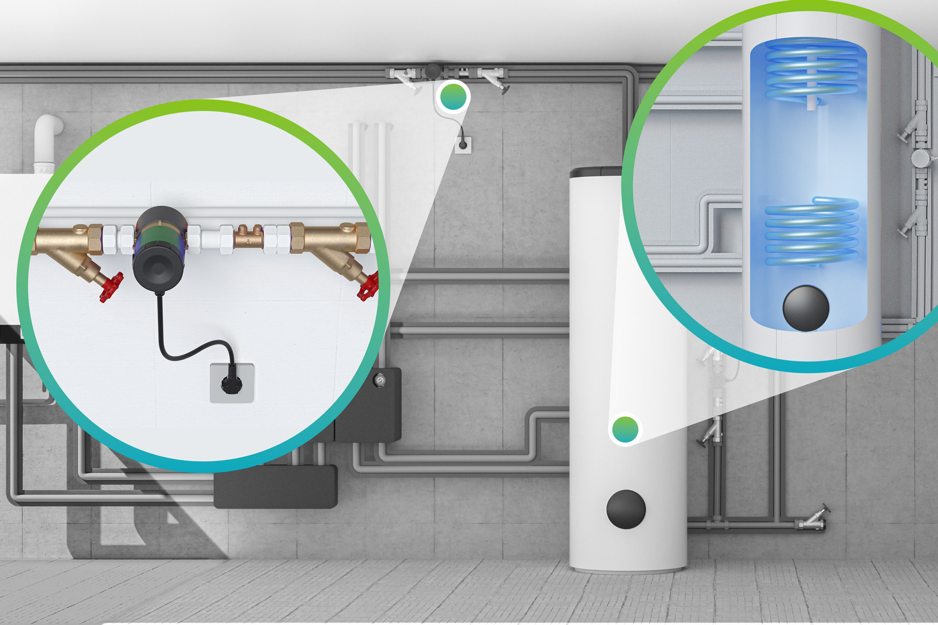 Graik eines Kellerraums mit einer Trinkwasserinstallation. Herangezoomt sind die Zirkulationspumpe und der Trinkwassererwärmer.