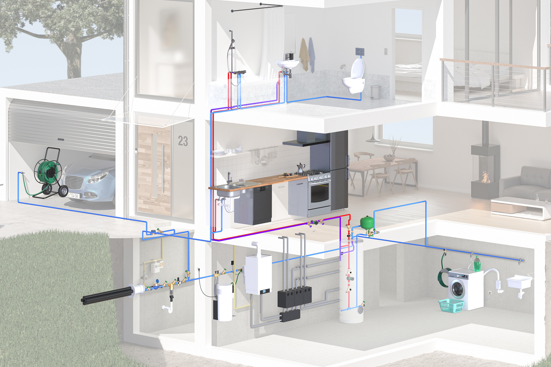 Querschnittsgrafik durch ein Wohnhaus mit blau hervorgehobenen Wasserleitungen und den Geräten, die daran hängen