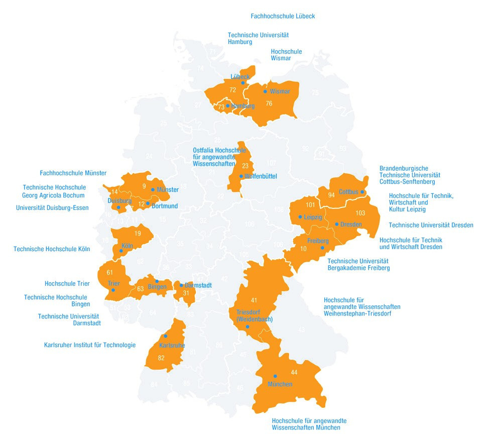 Übersichtskarte der DVGW-Hochschulgruppen