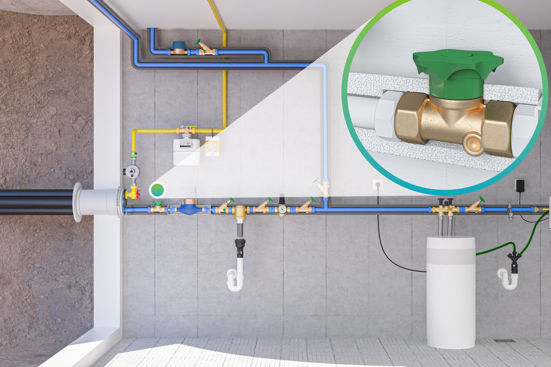 Querschnittsgrafik eines Hauses zeigt den Übergang von draußen zur Trinkwasserinstallation und insbesondere die Hauptabsperrvorrichtung