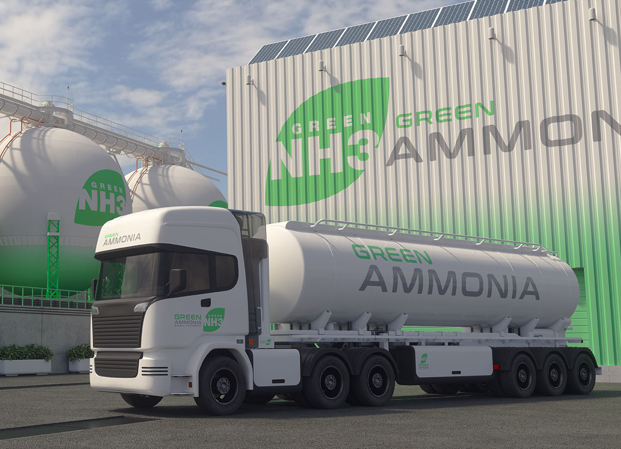 Rendering; grün-weißer Lkw und grün-weiße Tanks mit der Aufschrift "Ammonia" Rendering; grün-weißer Lkw und grün-weiße Tanks mit der Aufschrift "Ammonia"