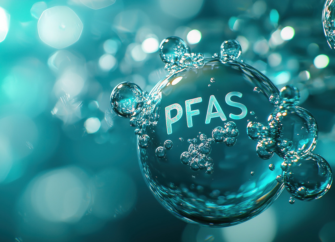 Ein Computerbild zeigt grün-bläuliche Wassertropfen, auf einem steht "PFAS"