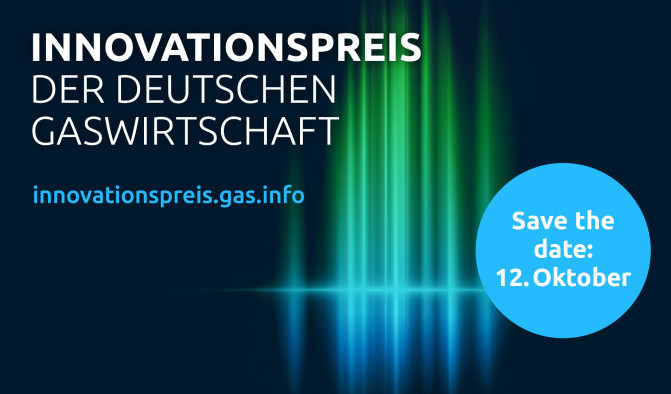 Auf schwarzem Hintergrund mit blau-grünem Design steht oben links fett Innovationspreis der deutschen Gaswirtschaft. Darunter in blauer Schrift "innovationspreis.gas.info". Rechts ein blauer Punkt mit "Save the date: 12. Oktober",