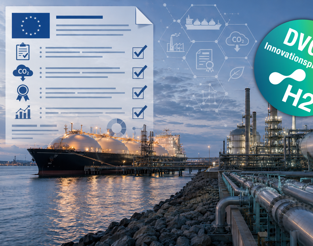 Auf dem Bild sind Beispiele für eine Wasserstoffimportinfrastruktur wie Tankschiffe, Terminals, Speicher und Rohrleitungen zu sehen.