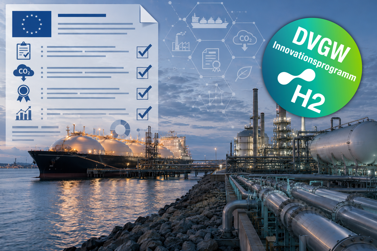 Auf dem Bild sind Beispiele für eine Wasserstoffimportinfrastruktur wie Tankschiffe, Terminals, Speicher und Rohrleitungen zu sehen.