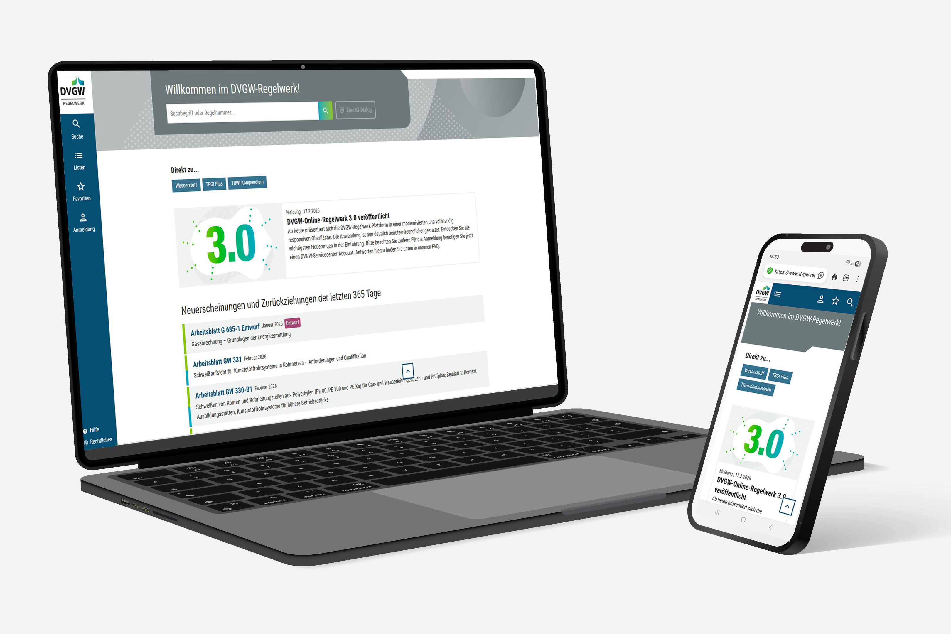 Auf einem Laptop und einem Handy wird die Startseite des DVGW-Online-Regelwerks dargestellt. Auf einem Laptop und einem Handy wird die Startseite des DVGW-Online-Regelwerks dargestellt.