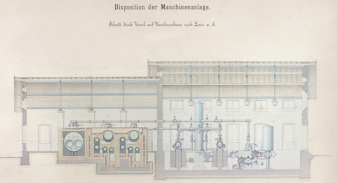 Disposition der Maschinenanlage zur Wasserhebung Karlsruhe 1872