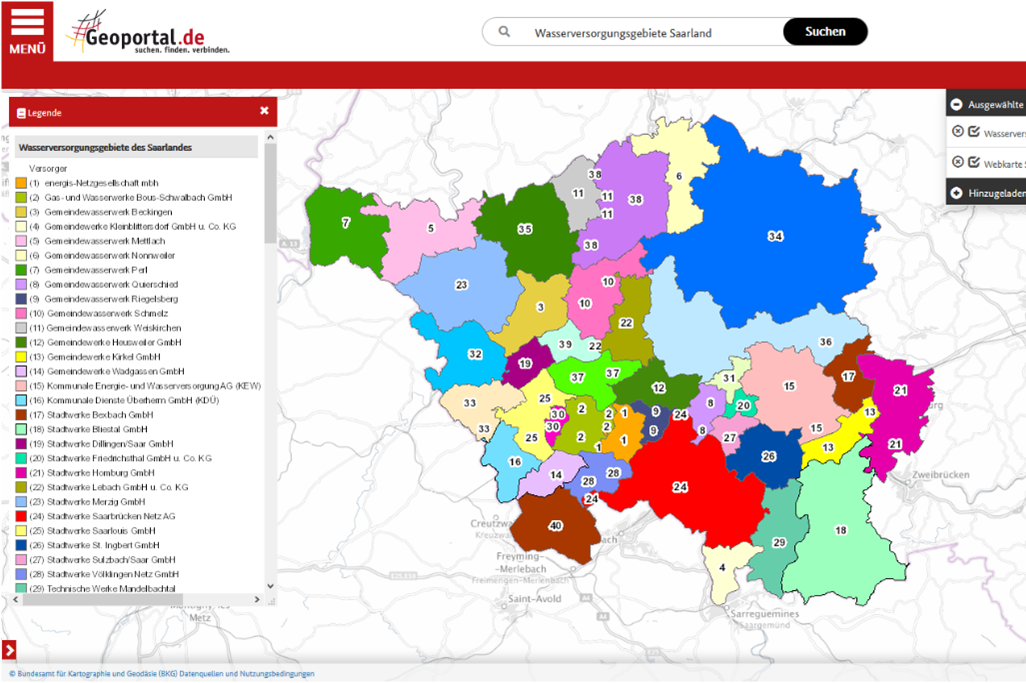 Ein Screenshot zeigt eine stilisierte Landkarte von Deutschland, Ausschnitt Saarland. Links sind Auswahlfelder zu sehen.