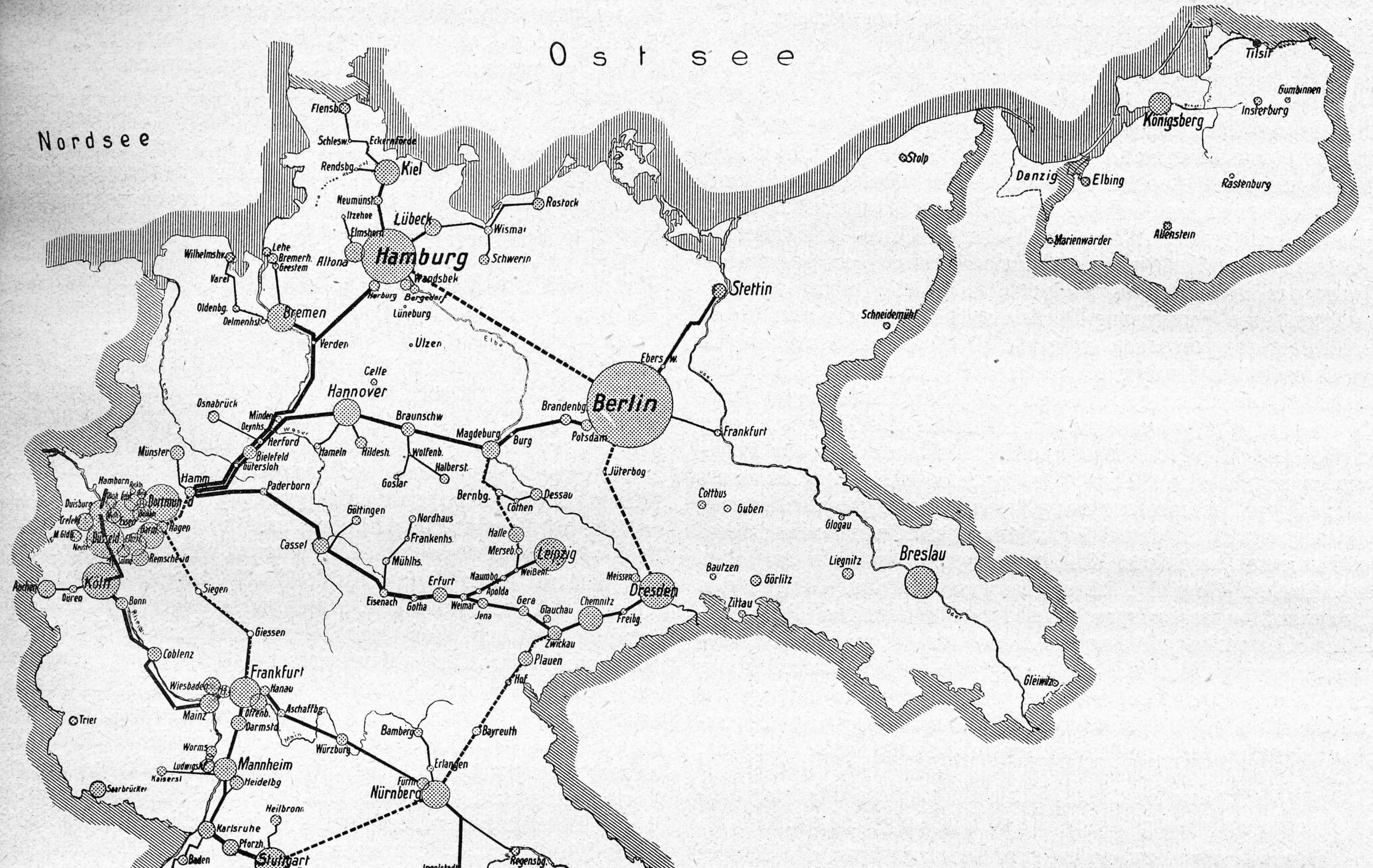 Karte der geplanten Ferngasversorgung in Deutschland 1927