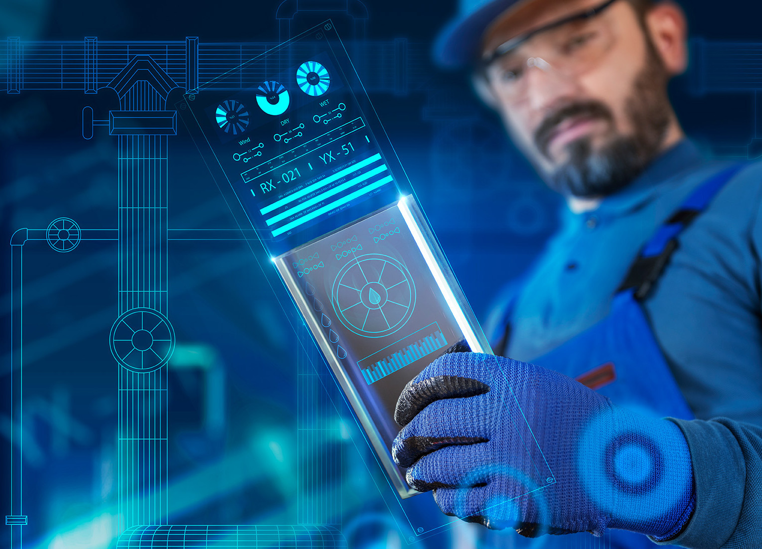 Bärtiger Mann in einer virtuellen Umgebung schaut auf das Display eines elektronischen Gerätes in seiner Hand