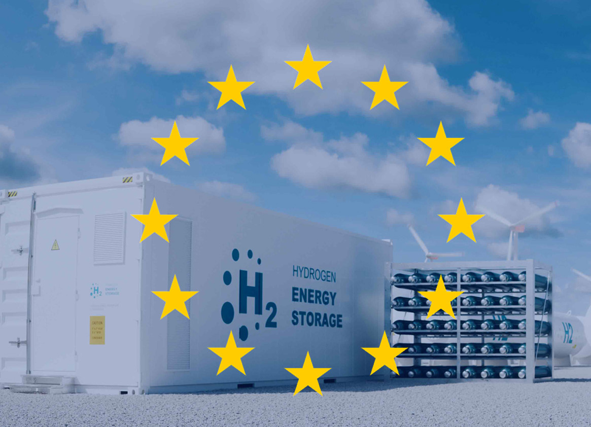 H2-Container, darüber transparent die EU-Flagge mit den gelben Sternen H2-Container, darüber transparent die EU-Flagge mit den gelben Sternen