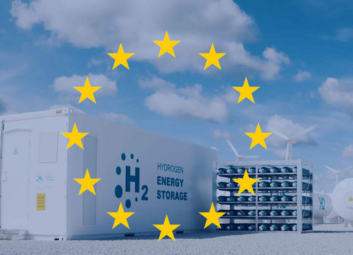 H2-Container, darüber transparent die EU-Flagge mit den gelben Sternen