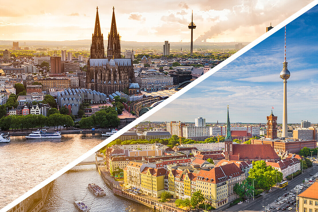 Schräg geteiltes Gesamtbild, das die Stadtsilhouetten von Köln und Berlin zeigt. Berlin und Köln statt.