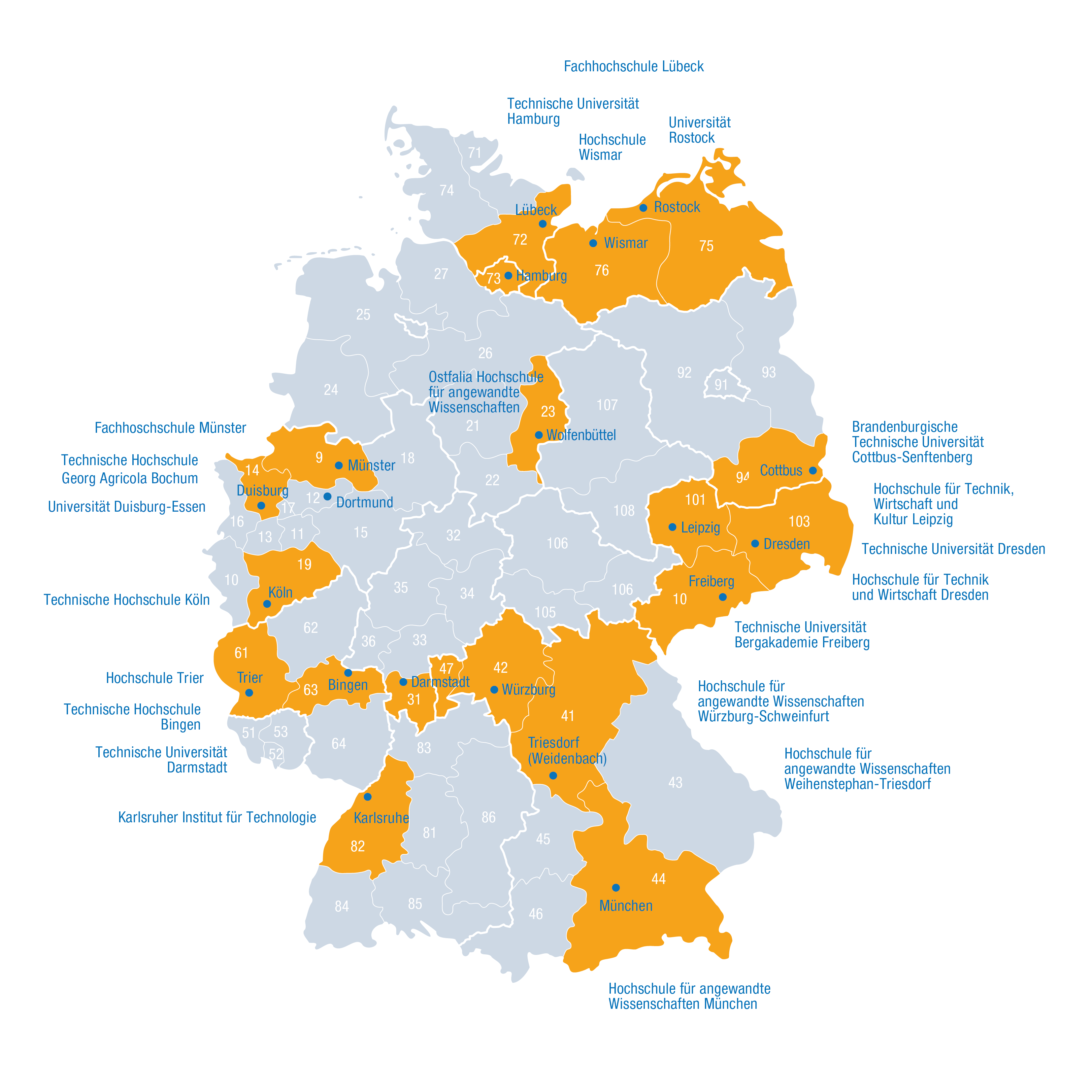 Übersichtskarte der bundesweiten DVGW-Hochschulgruppen