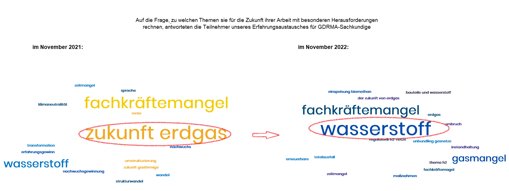Visualisierung der thematischen "Brennpunkte", Ertrag der GDRMA Sachkundigen-Erfahrungsaustausche in Berlin aus den Jahren 2021 und 2022, in einer WordCloud.