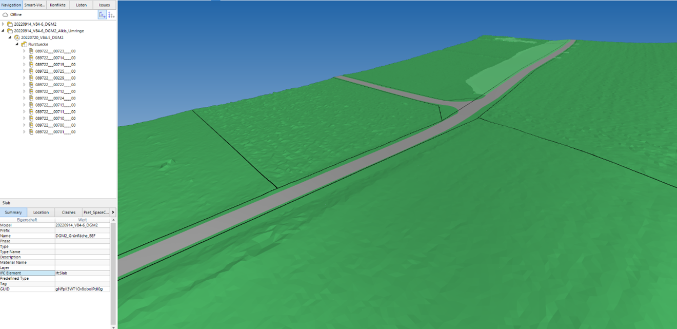 Flurstückgrenzen in einem 3D-Modell (BIMcollab Zoom). Links ist die Datenstruktur zu erkennen